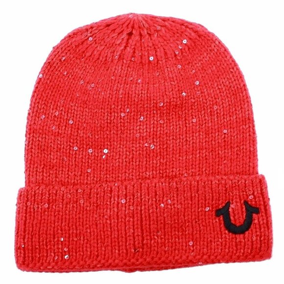 True Religion Women's Sequin Watchcap LOGO Cap Beanie Hat Red OSFM - Picture 1 of 1